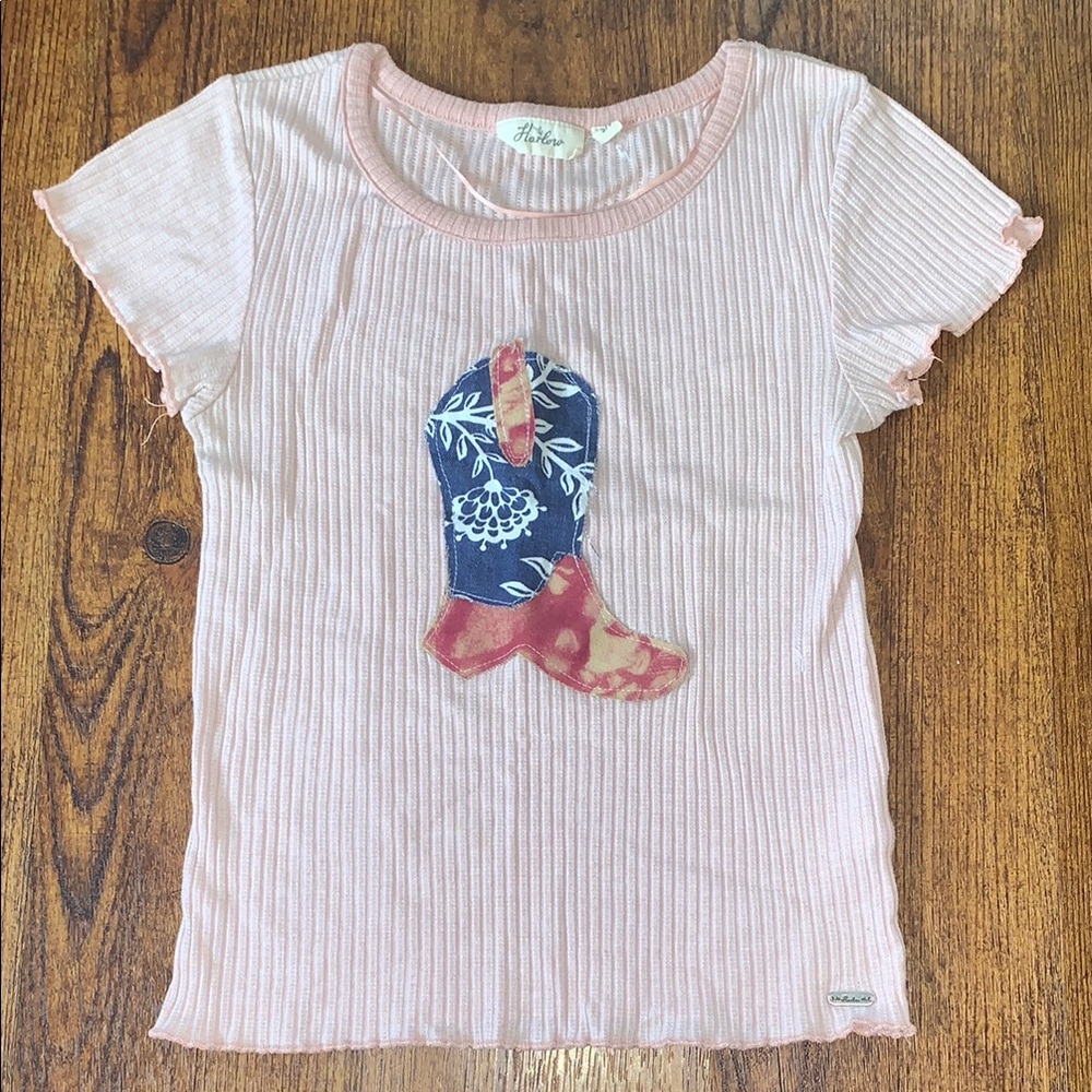 Upcycled Harlow Pink Ribbed Cowboy Boot Patchwork Tee | Coastal Cowgirl S
